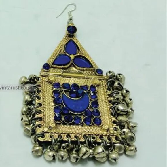 Pure Vintage Blue Dangle Earrings With Bells, Afghan Kuchi Massive Earrings - Picture 3 of 8